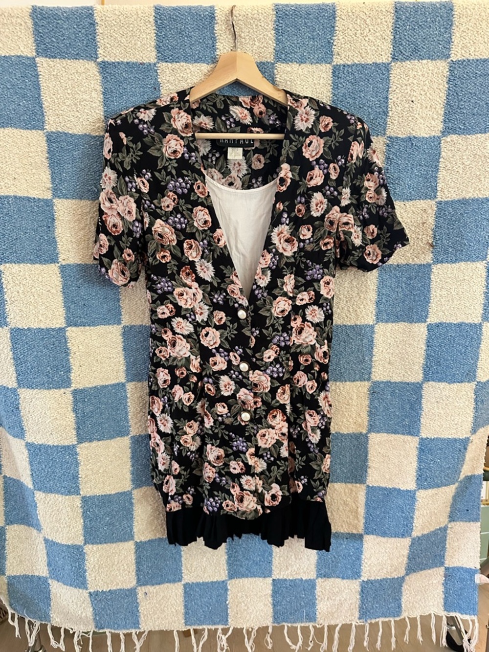 90s Black Floral Button-Front Women's mini dress with lining